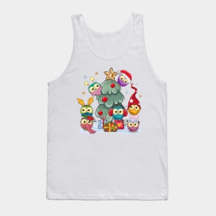 Cute Christmas tree with little colorful owls sitting on it Tank Top